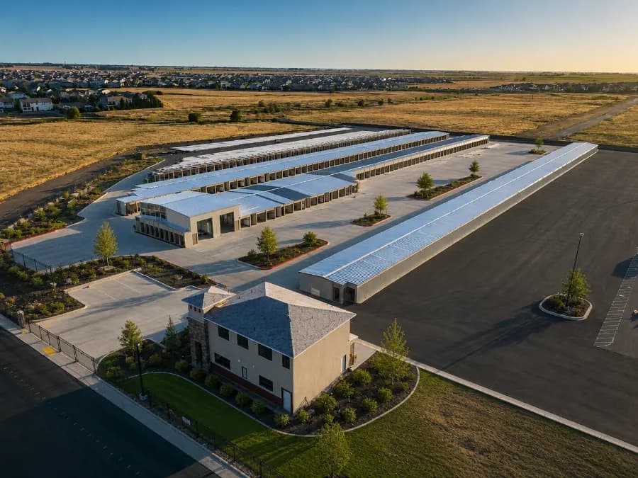 Completed, stabilized Storage Moguls self-storage investment property with drive-up buildings and leasing office at sunset